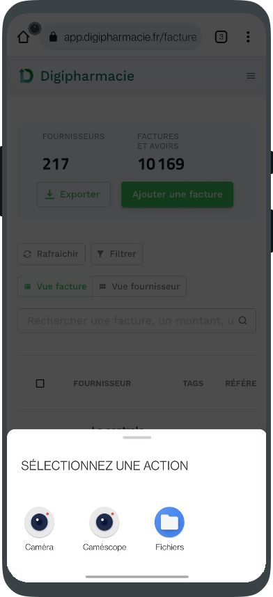 Vous pouvez mainteant importer une facture présente sur votre téléphone, ou utiliser directement l'appareil photo pour ajouter un document sur Digipharmacie !